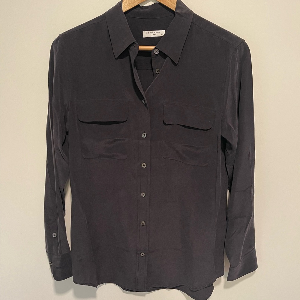 Equipment Femme Black 100% Silk Button Down Blouse Long Sleeve Top-Like New!